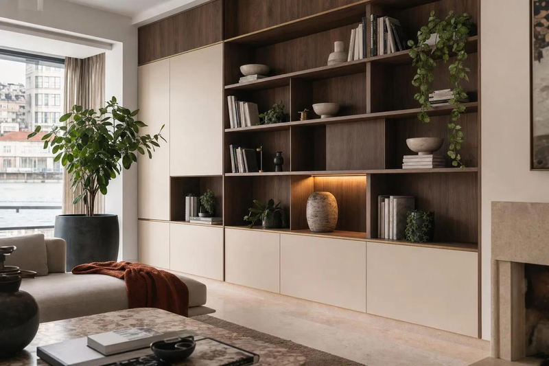 Mueble empotrado con repisas, iluminación cálida y acabados interiores